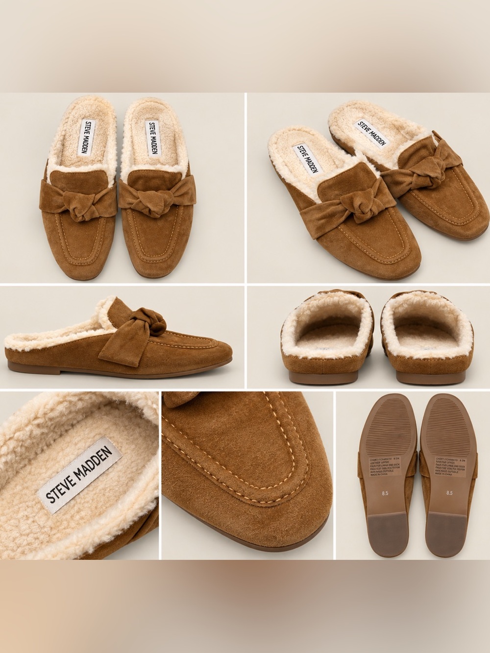 Steve Madden Tan Suede Bow-Accent Shearling-Lined Mules